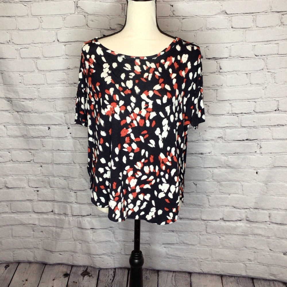Loft Oversized Black Maroon and Off White Print Short Sleeve Top Medium